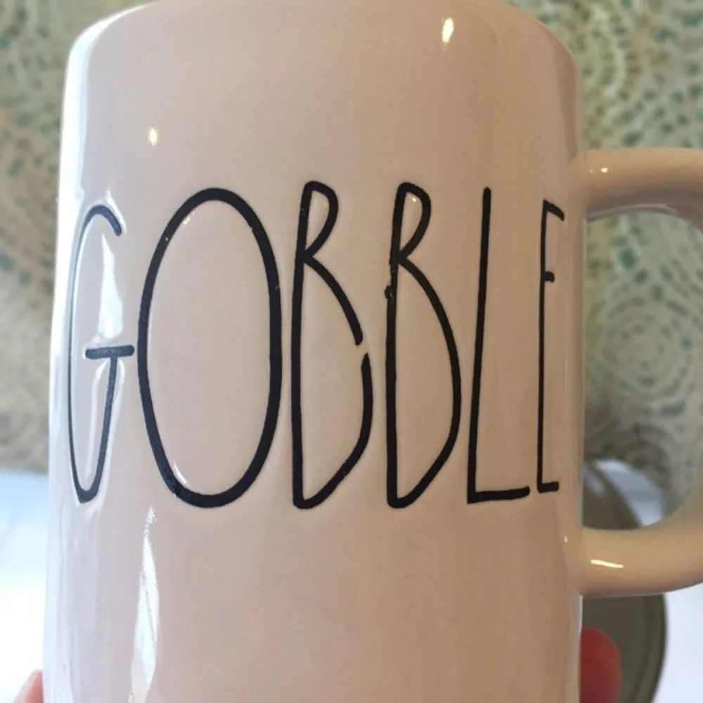 Rae Dunn M Stamped Gobble Mug Coffee Tea Magenta black white